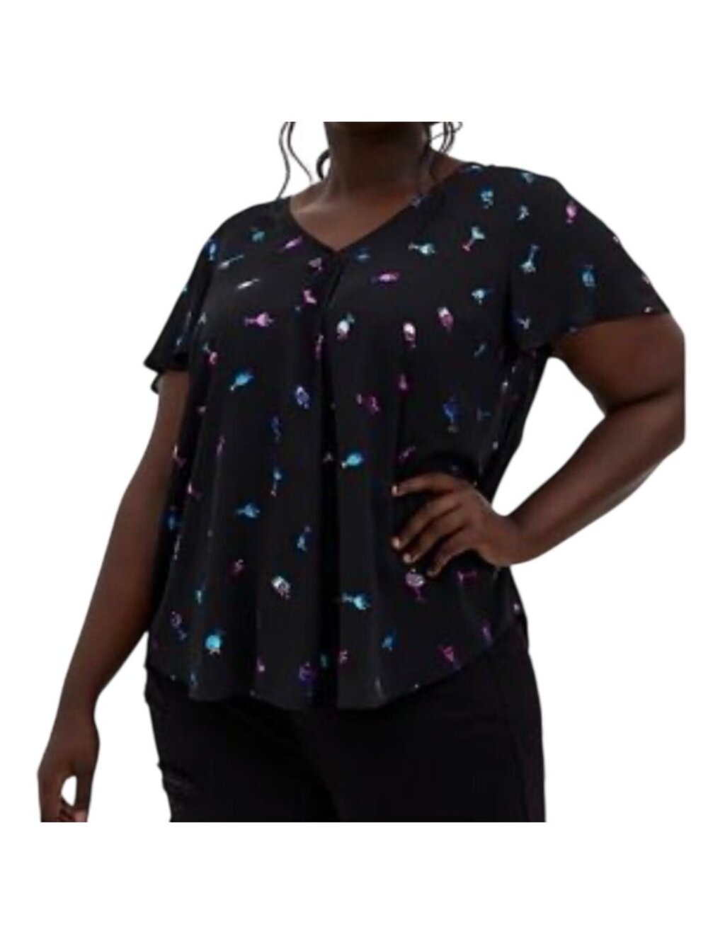 Torrid Womens Black Cocktail Print V-Neck Top Plus Size 2 Flutter Short Sleeve